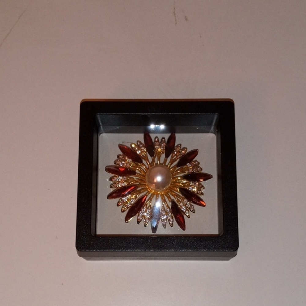 Gold-Tone Brooch with Pearl Center and Burgundy Accents